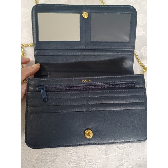 BUXTON SOFT LEATHER GOLD CHAIN STRAP BLUE CROSSBODY PURSE WALLET CLUTCH BAG - Picture 9 of 13